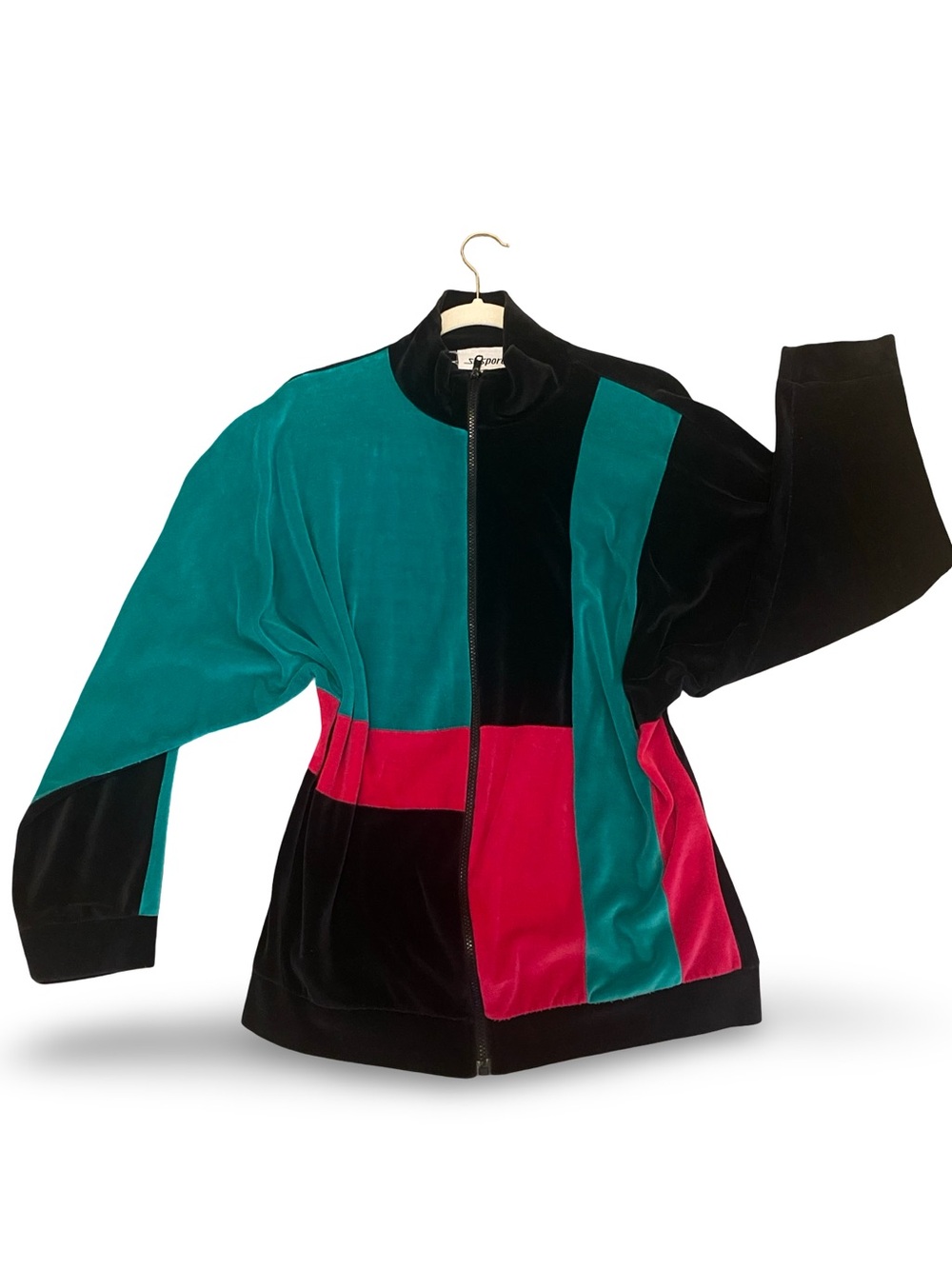 Colorblock Velvet Zip-Up Jacket - Teal, Black & Pink